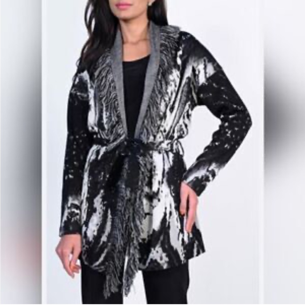 Frank Lyman Black Gray Fringe Knit Cardigan Women Size 10 Tie Belt Layering